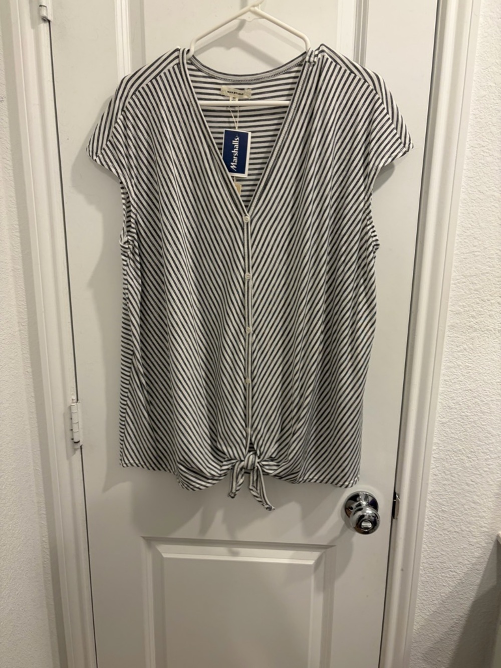 Max Studio Black and White Striped V-Neck Tie-Front Top
